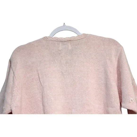 Vintage Cardigan Sweater Size L. Pink Embroidered Beaded Floral Knit - Picture 10 of 13